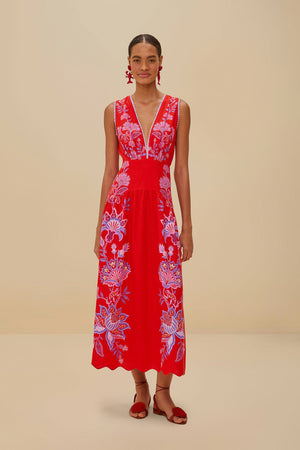 PORCELAIN GARDEN RED MIDI DRESS