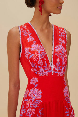 PORCELAIN GARDEN RED MIDI DRESS