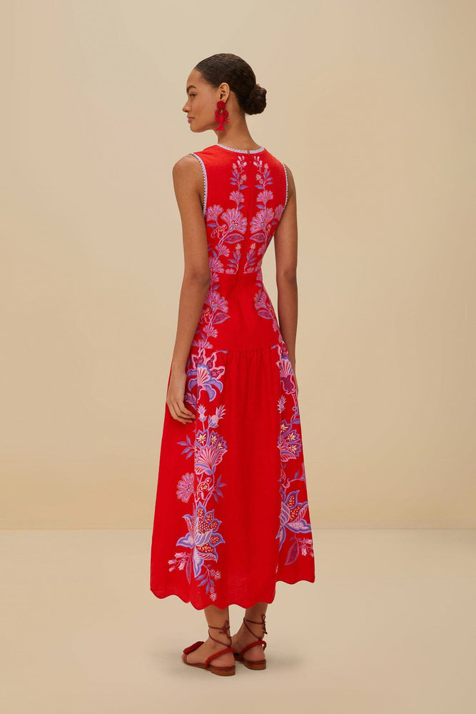 PORCELAIN GARDEN RED MIDI DRESS