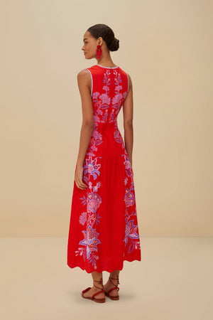 PORCELAIN GARDEN RED MIDI DRESS